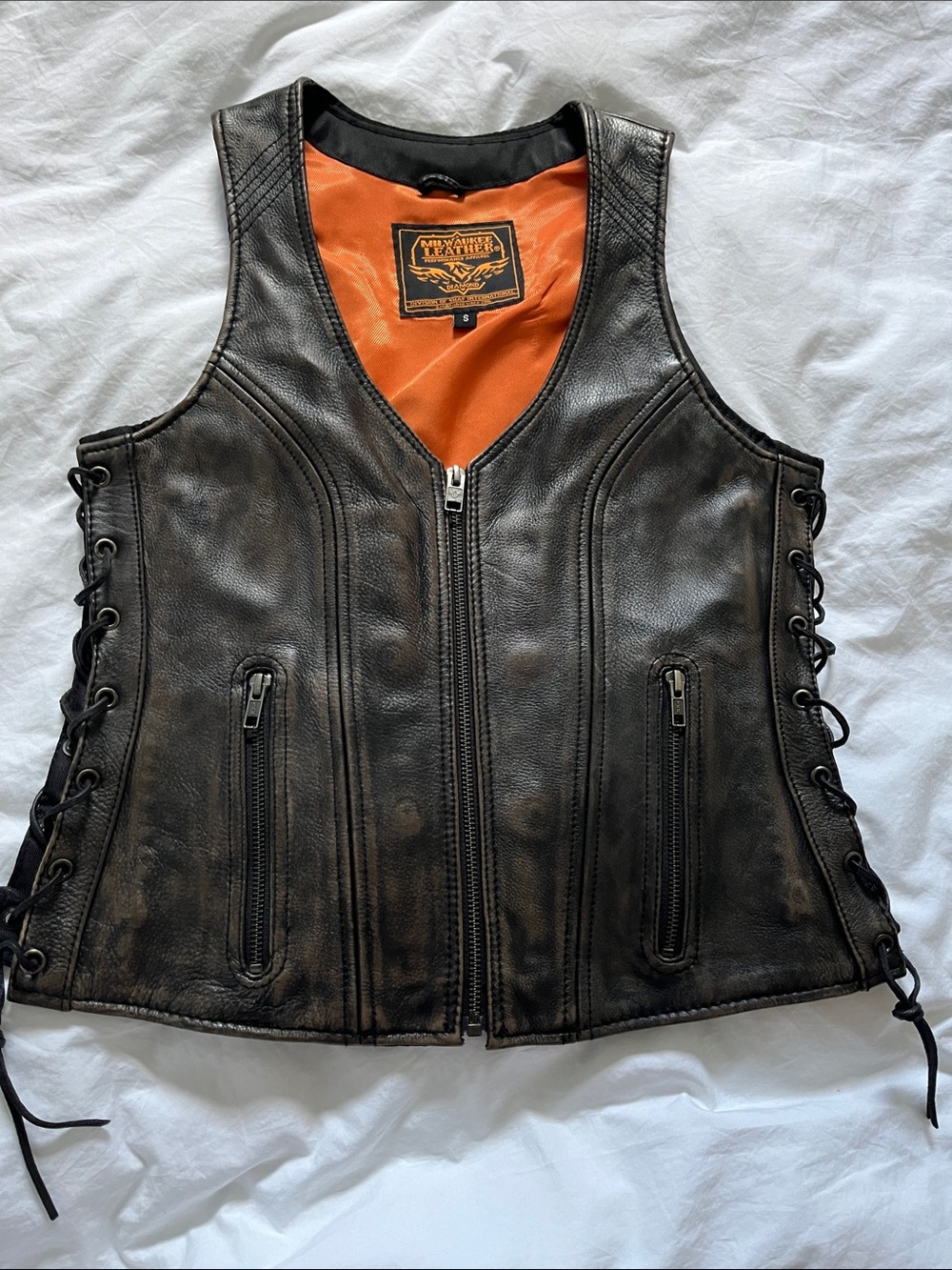 Leather Motorcycle vest distressed brown v-neck lace up sides Milwaukee leather